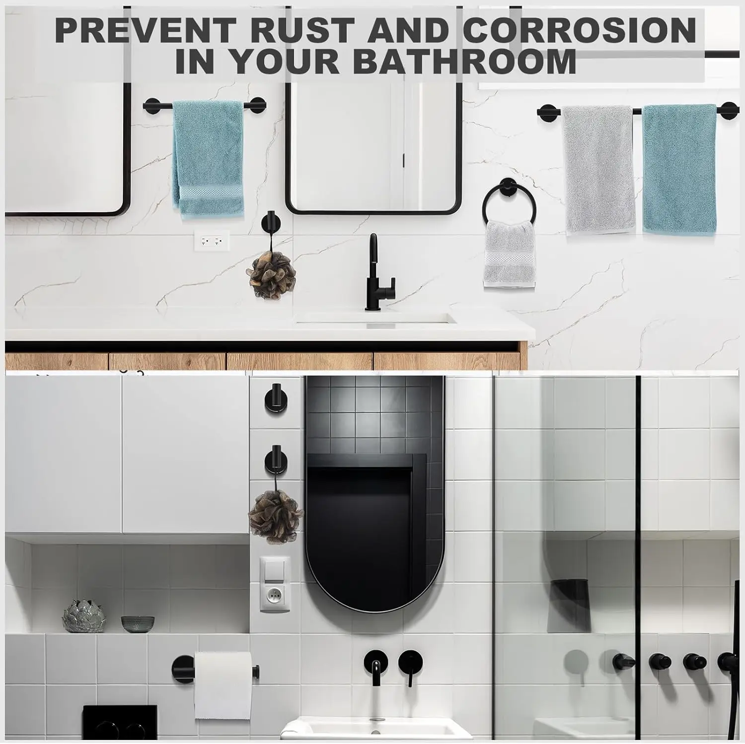 15-Piece Bathroom Set. 23.6" Brushed Towel Bar, Ring, Paper Holder, Hook. SUS304 Stainless Steel. Wall-Mounted. Black.