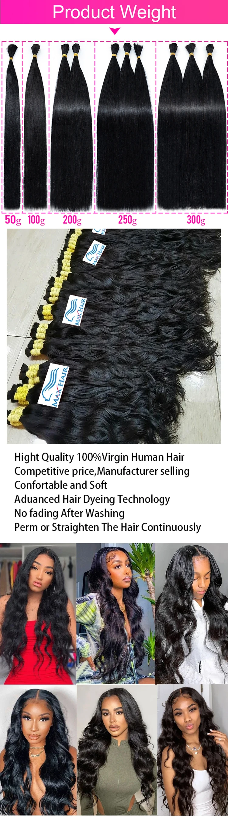 Human Hair Bulk No Weft Hair Extensions - bundle view