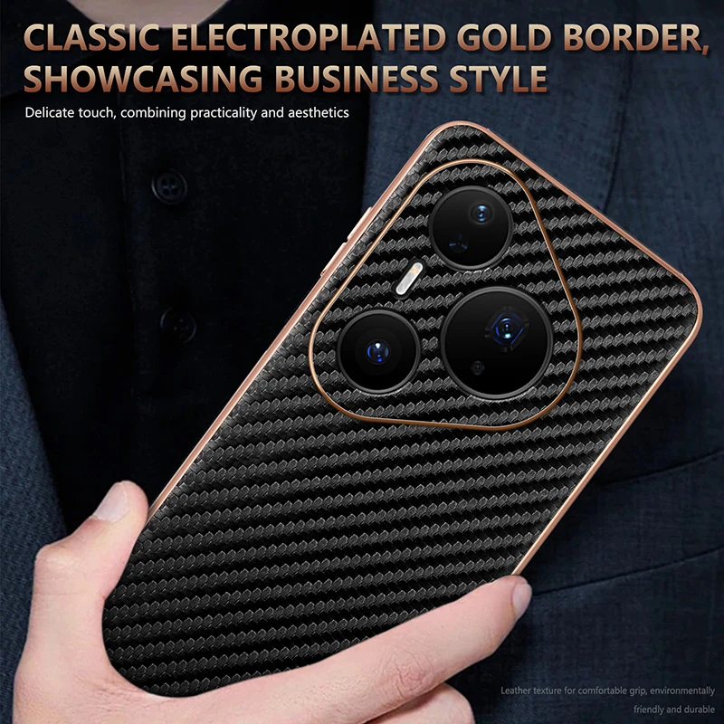 Luxury Carbon Fiber Texture Leather Case with Plated Soft Bumper Back Cover