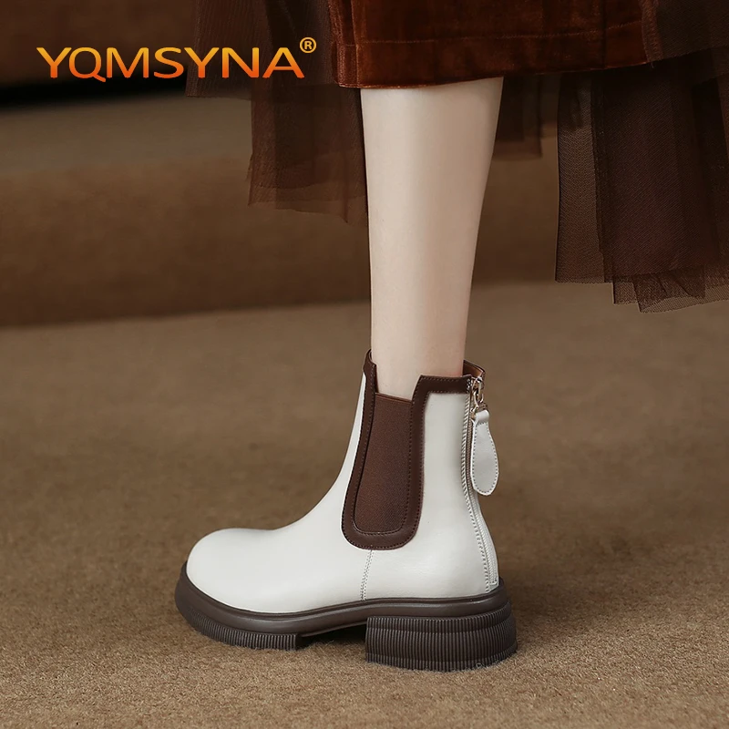 

YQMSYNA Women Chelsea Boots Comfortable Square heel Round Toe Metal Zipper Ankle Boots Street Style Mixed Colors Lady Shoes A05