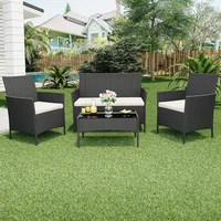 4-Piece Pe Rattan Patio Set, 3 Armchairs With Glass Top Table & Cushions, Outdoor Wicker Furniture For Garden & Balcony 2