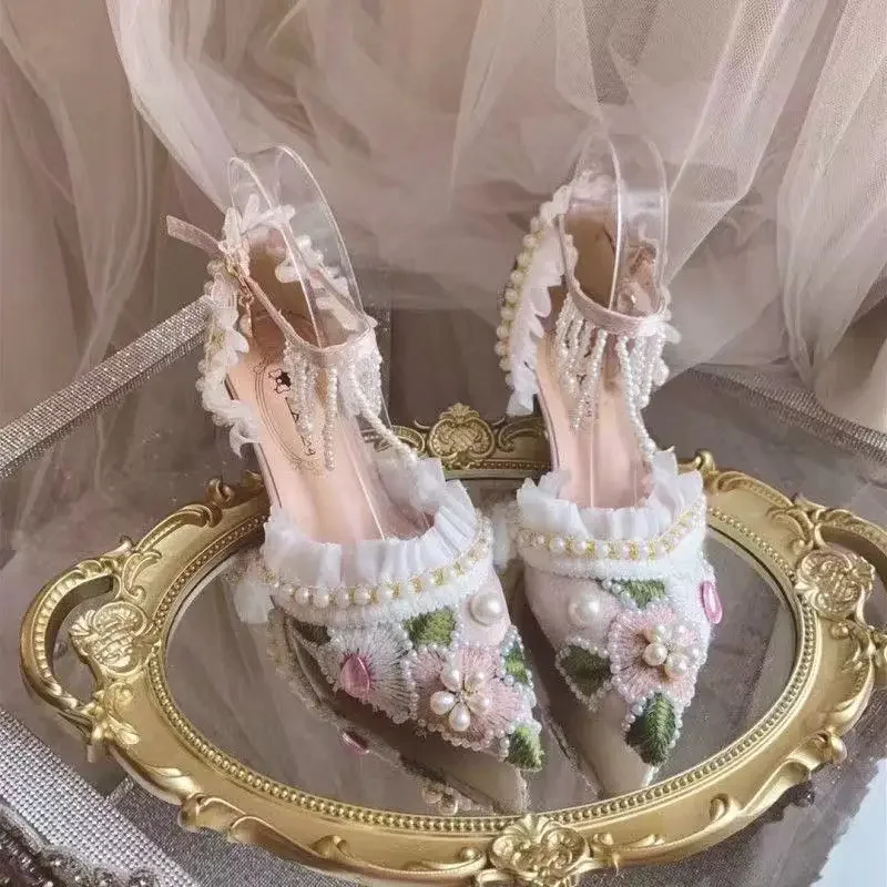 

Pointed Embroidery Pink High Heels Pearl Button Thick Heels Lace Super Fairy Versatile Spicy Girl Sweet black white pink