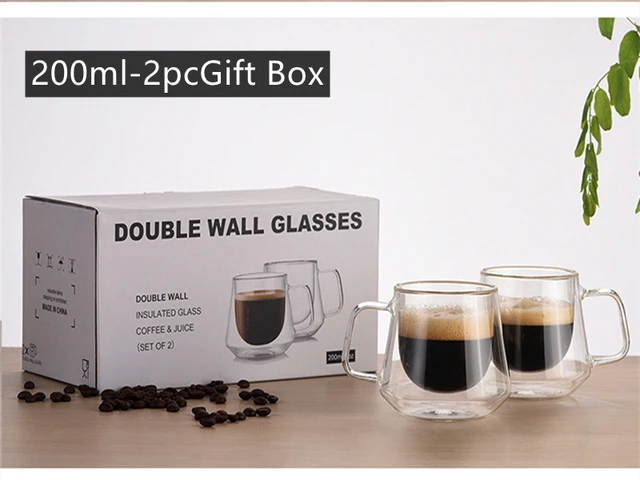 2pc/6pc Double-layer Heat-resistant Glass Coffee Cup Transparent Tea Beer Coffee Water Cups Heat Preservation cup Gift set 200ML-2PC gift box