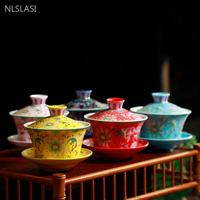 WSHYUFEI Jingdezhen Porcelain Gaiwan Exquisite Enamel Color Tea Bowl with Saucer Lid Kit Handmade ceramics Teaware 280ml