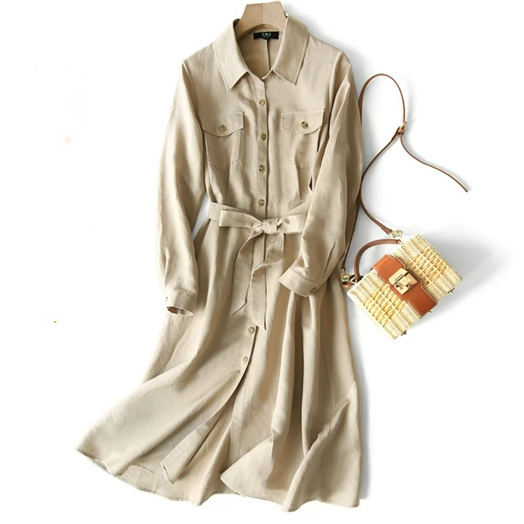 

Linen Dress Spring Women 2023 Long-sleeved Autumn Fashion Belt Long Literature and Art Shirt Collar Dresses Pockets Urban Style