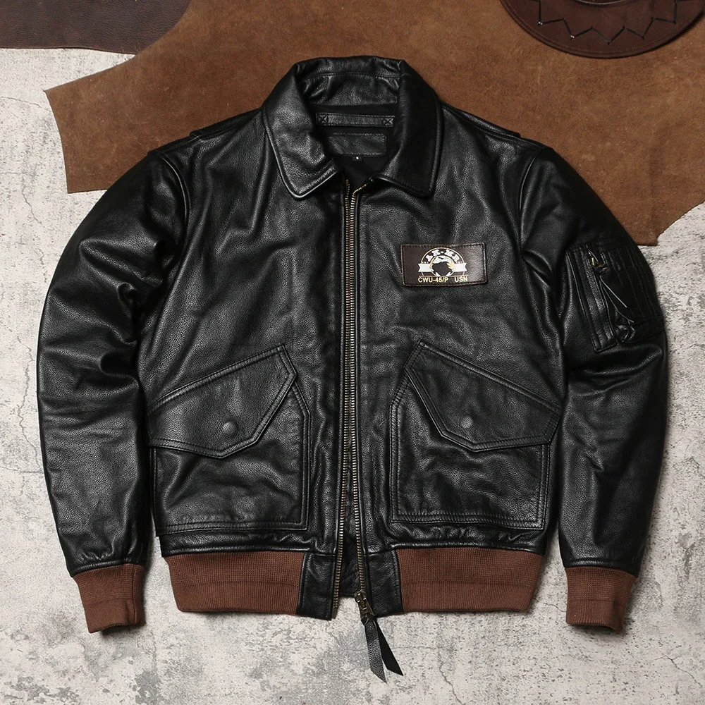 

American Retro Leather Flight Suit Jacket Slightly Cowhide Jacket Men's and Women's Lapel High-waisted Shoulder Leather Jacket