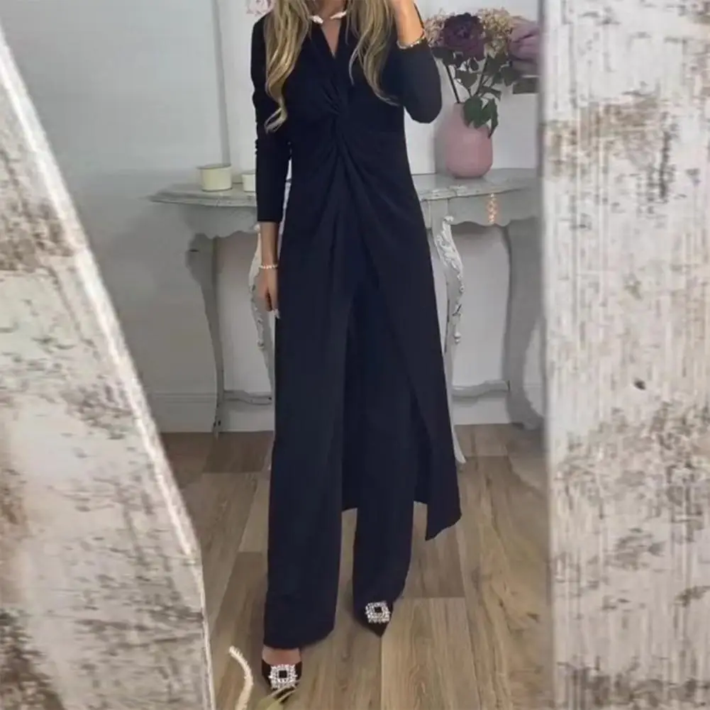 

Lightweight Comfortable Fabric Stylish V-neck Twisting Trousers Set for Women Comfortable Fashionable Suit Spring Autumn Solid