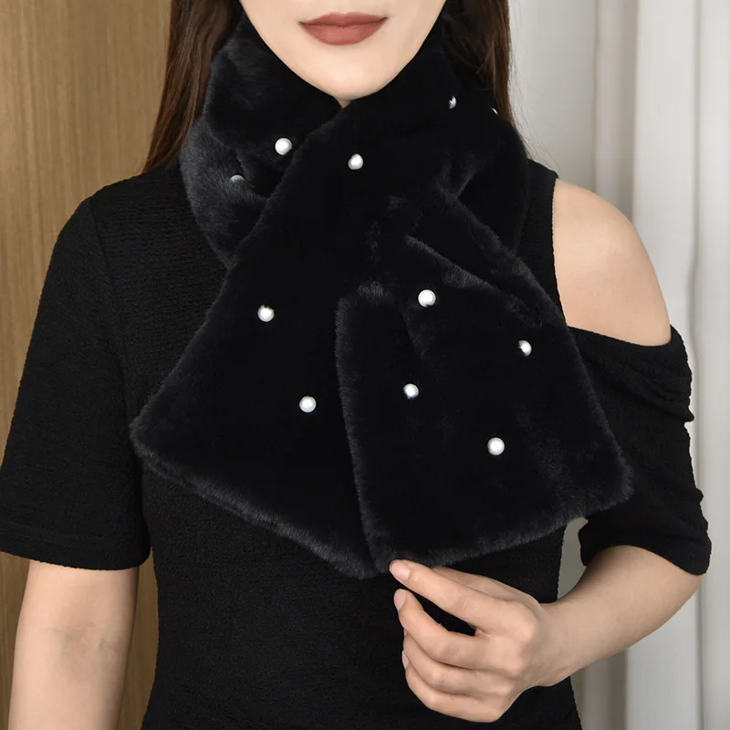 Korean Solid Double Sided Faux Rabbit Fur Thick Plush Shawl Female Winter Oudoor Windproof Pearl Cross Neck Guard Warm Scarf T41