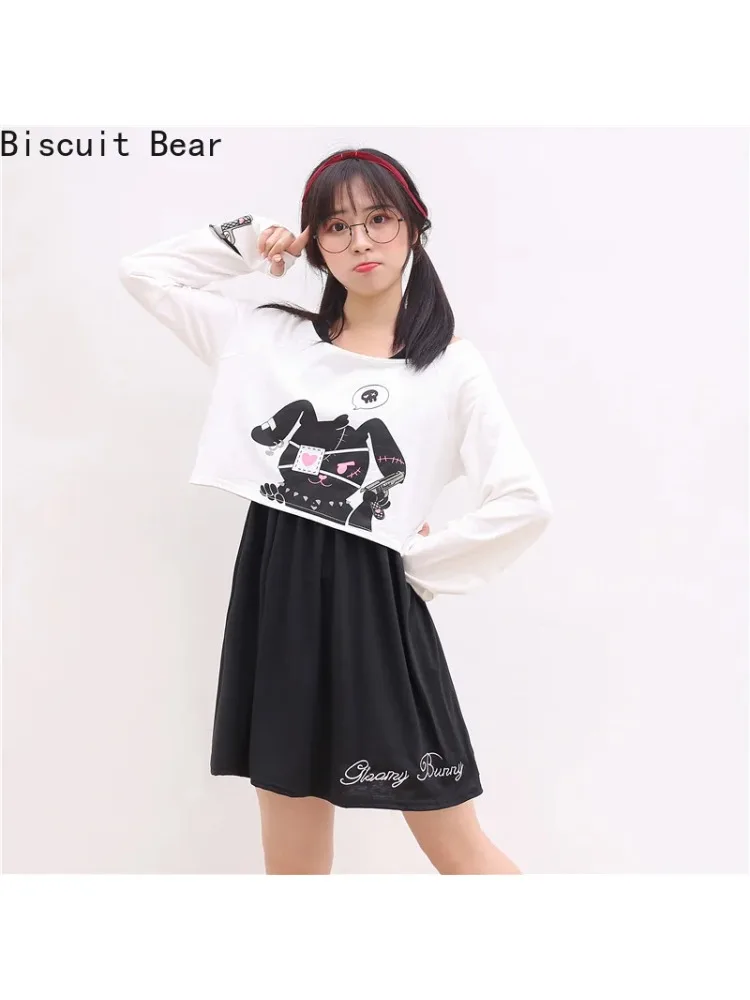 

Japanese Kawaii Bunny Rabbit Lolita Dress Cute Comic Black Two Piece Set Cosplay Long Sleeve Casual Loose Girl Mini Dresses