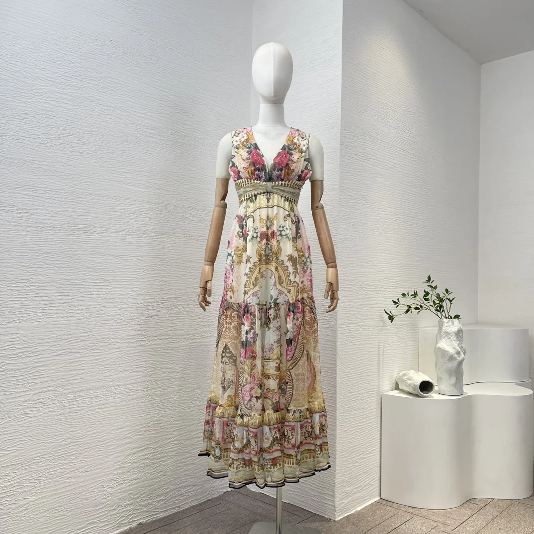 

New 2024 Silk Vintage Floral Print Diamonds Presses Sleeveless Midi Dress Sleeveless Cross Straps on Back Women Fashion Clothing