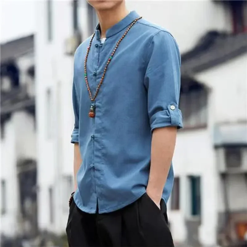 Chinese Men Harajuku Traditional Top Linen Hanfu Shirt Tang Suit 2022 Summer Mens Solid Color Casual Half Sleeve Kung Fu Shirts