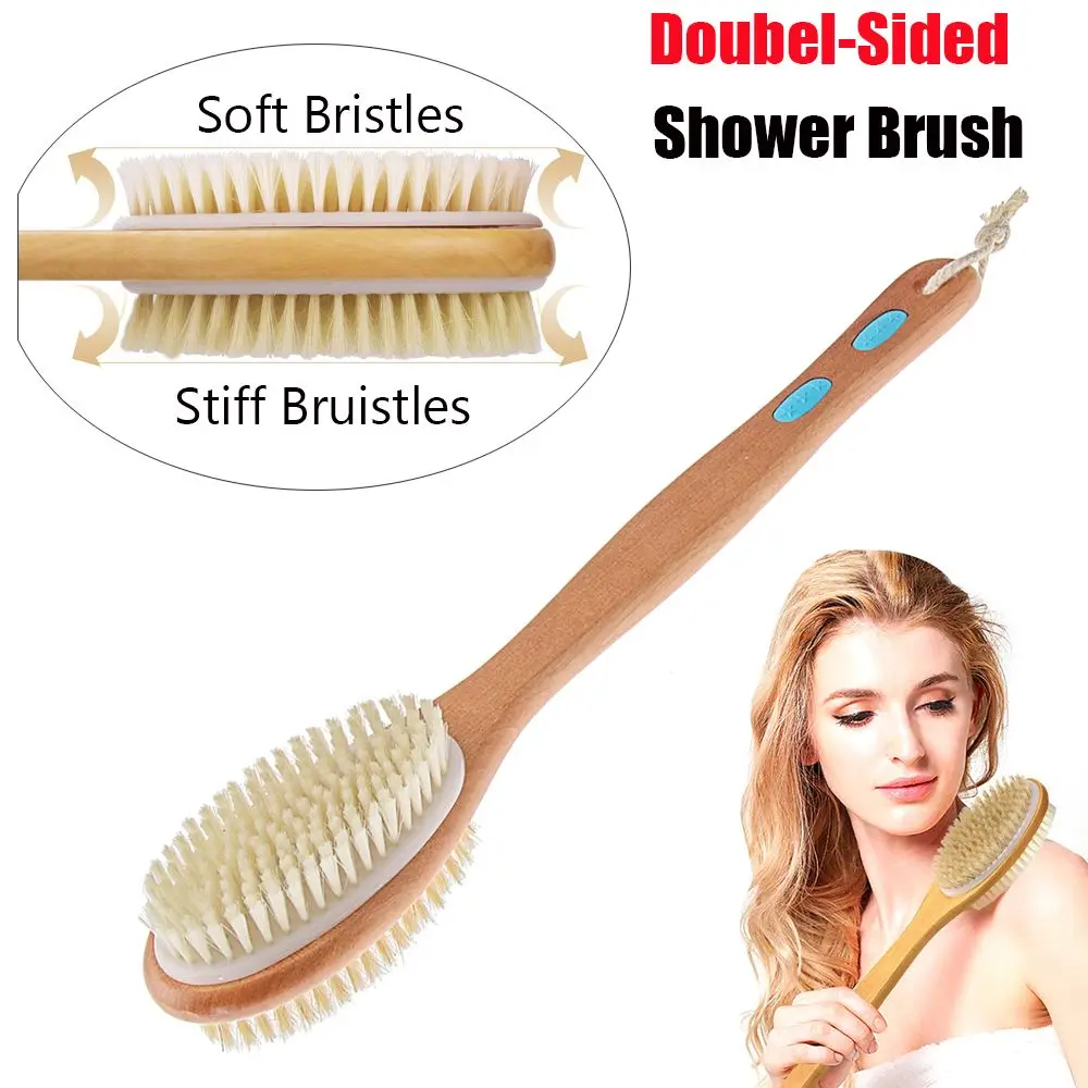 Massage with Long Wooden Handle Back Foot Scrubber Shower Brush Bristle Bath Brush Double Side Head Body Exfoliating Cleaner 1