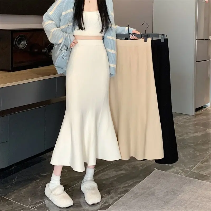 

Knitted Midi Ruffles Skirt Women Elegant Mermaid High Waist Long Skirt Korean Solid Black Autumn Winter Femme Hot Sale T407