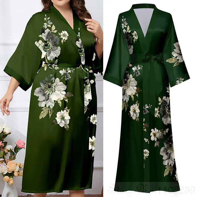 Japanese Style Printed Half Sleeved Kimono Bathrobe Gown Plus Size Women Long Robe Yukata Spring Autumn Satin HomeWear Sleepwear