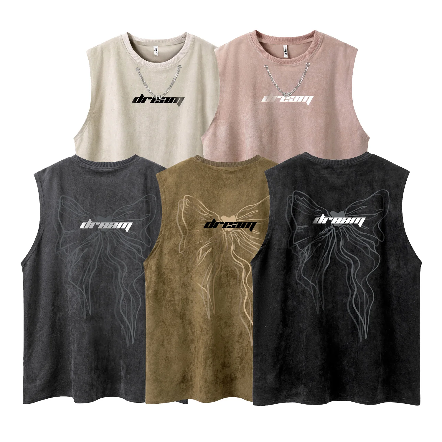 

Summer Fashion Men's Suede Vest Letter Print Sleeveless O-neck Bow Sport Tank Loose Casual Waistcoats Premium Hip Hop Daily Tops