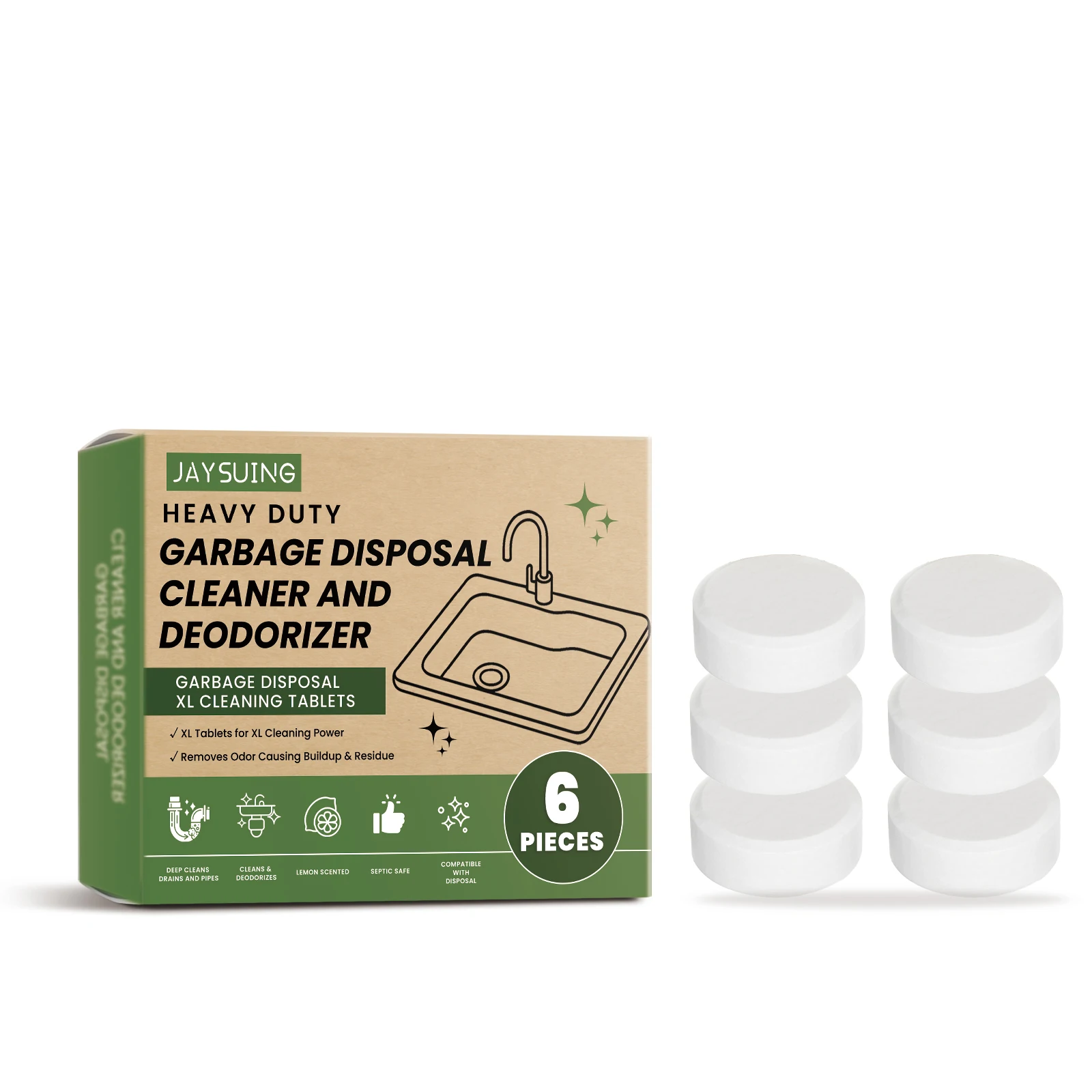 טבליות ניקוי זבל לכיור מטבח Jaysuing - ניקוי עדין, חיטוי, חבילה של 6 יחידות, ריח לימון טרי