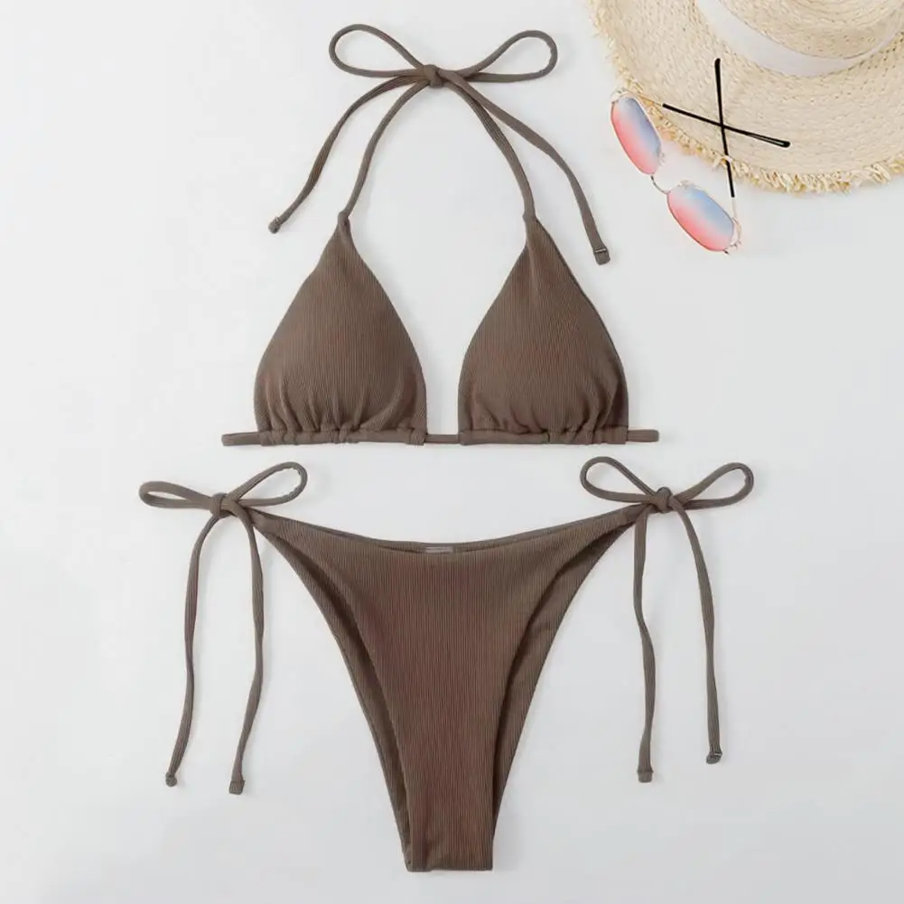 

2Pcs/Set Ribbed Backless Pads Bikini Set Halter Triangle Bra Side Tie Thong Swimwear Beachwear