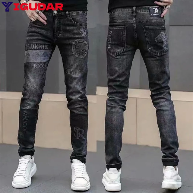 Pantalones vaqueros elásticos para hombre, Jeans de marca de lujo,  ligeramente acampanados, ajustados, azul y negro, de diseñador clásico -  AliExpress