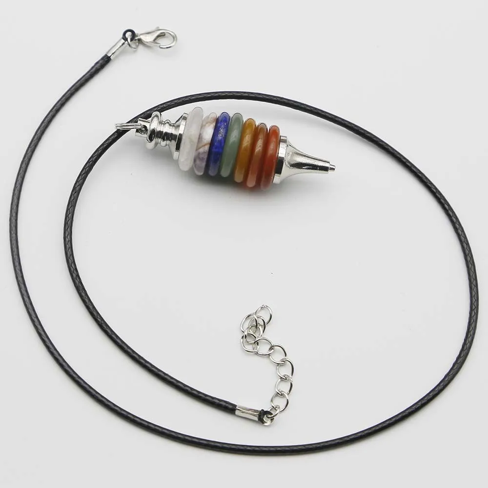 Natural Crystal Colorful Stone Leather Rope Necklaces Pendant Round Piece Spirit Pendulum Fashion Charms Detachable Jewelry 2Pcs