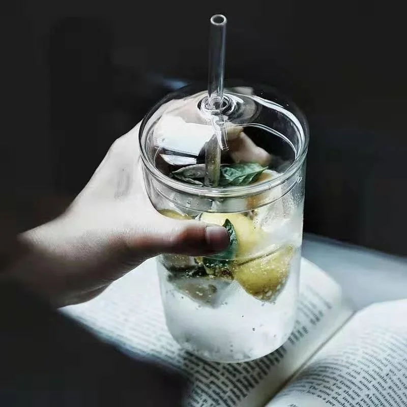 450ML Drinking Glasses with Dome Lids and Glass Straw Can Shaped Glass Cups Beer Glasses Iced Coffee Tumbler Cup DIY Drinkware - 4