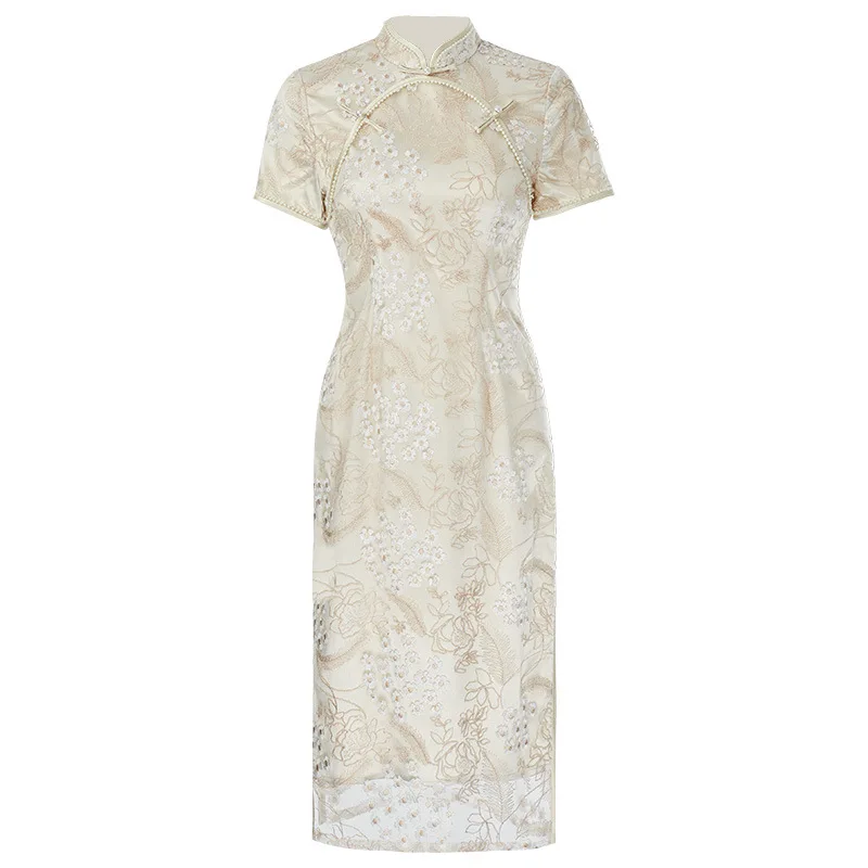 thumbnail image 1 of Vestido chino ajustado con bordado de malla de verano de diseño de lujo para mujer, vestido Qipao moderno, 1 of 5