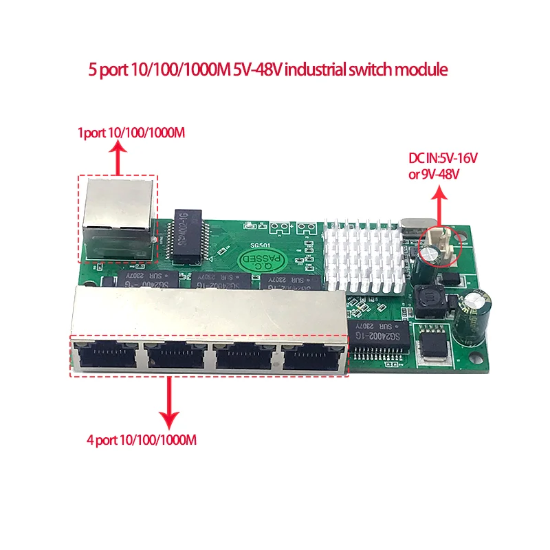 5포트 10/100/1000M 5V-16V, 9V-48V 이더넷 네트워크 산업용 스위치 모..