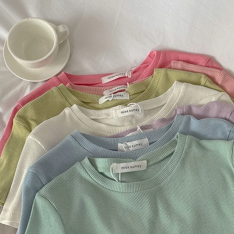 Women's Small Fresh Solid Round Neck Thread Short Sleeve T-shirt Korean Multi Color Basic Universal Slim Fit Top 2