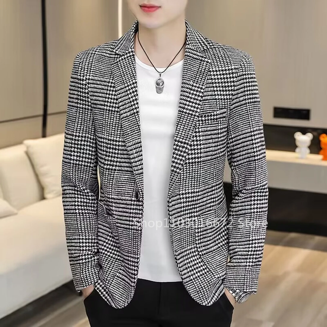 (Only Coat) Houndstooth Men's Suit Blazer Prom Tuxedos Notch Lapel Single Breasted One Button Jacket Bussiness/Wedding Coat
