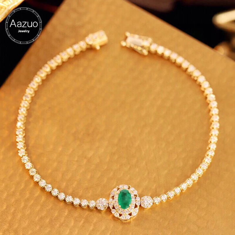 Aazuo Hot Sale 18K Solid Yellow Gold Real Diamonds Natural Emerald Fairy Oval Tennis Bracelet Gifted For Women High Cass Banquet