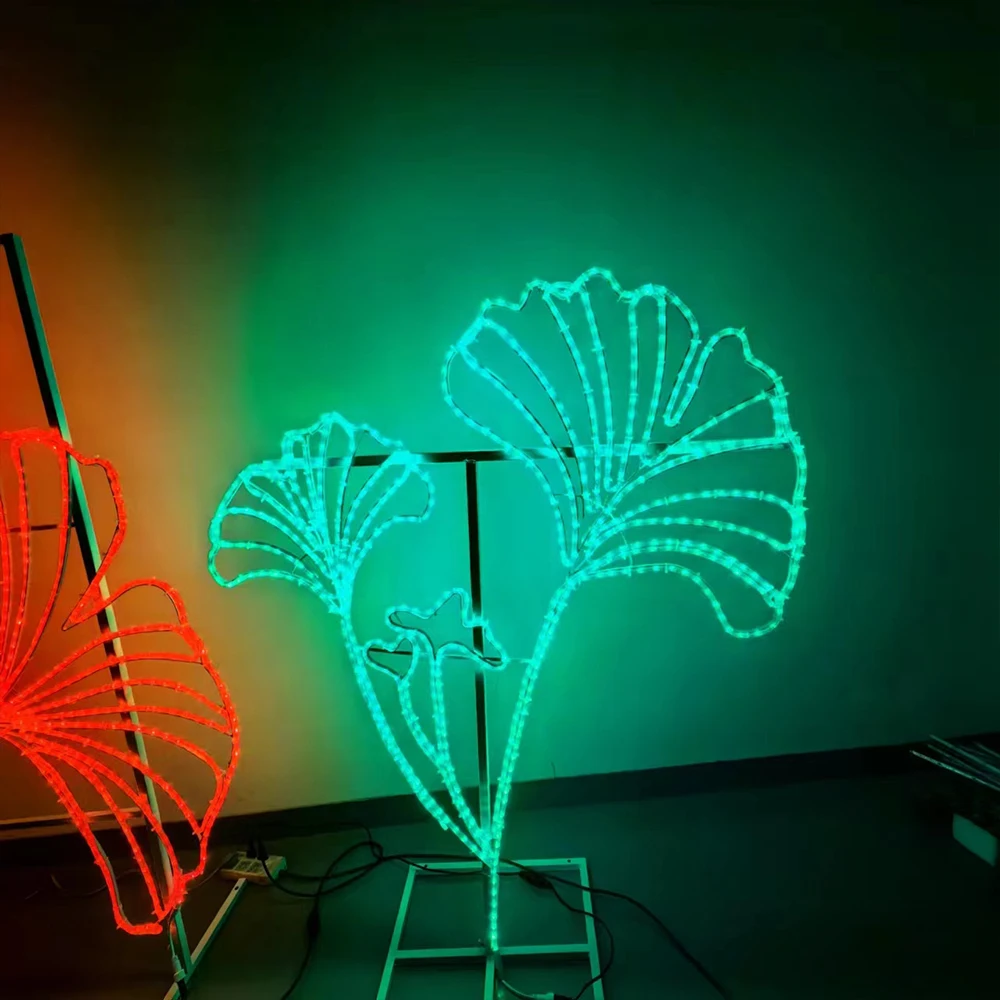맞춤형 디자인 2D LED 녹색 은행잎 모티브 조명, 상업용 야외 장식 방수 잔디 정원 거리 IP65