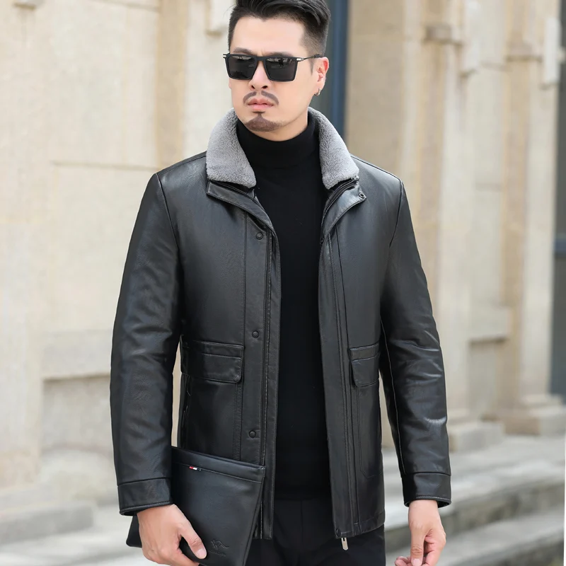 YXL-189 Winter Men's Home Leather Down Jacket Lapel Natural Sheepskin Liner Removable Middle-aged Dad Dress