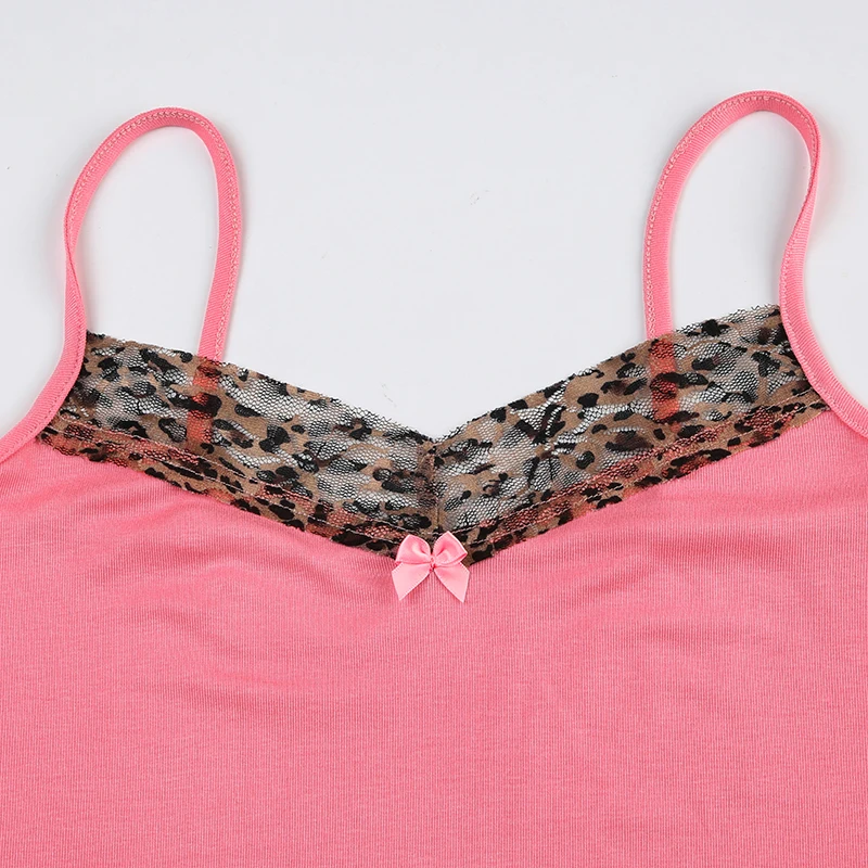 Camisola rosa con cuello estampado de leopardo Y2K para mujer, sin mangas, de punto, linda y sexy, top corto de verano, chaleco informal para mujer, conjuntos