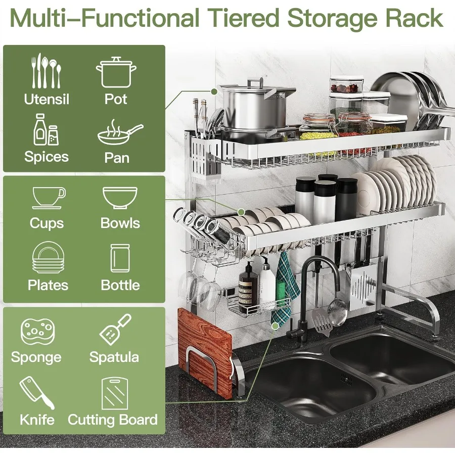 3 Tier Extra Large Stainless Steel Expandable Over The Sink Dish Drainer Drying Rack Rust Proof Metal Space Saving Modern Silve