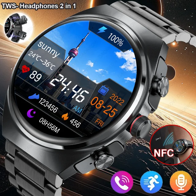 2025 2-in-1 Smart Watch With Earbuds NFC Smartwatch TWS Bluetooth Earphone Heart Rate Blood Pressure Monitor Sport Fitness Watch