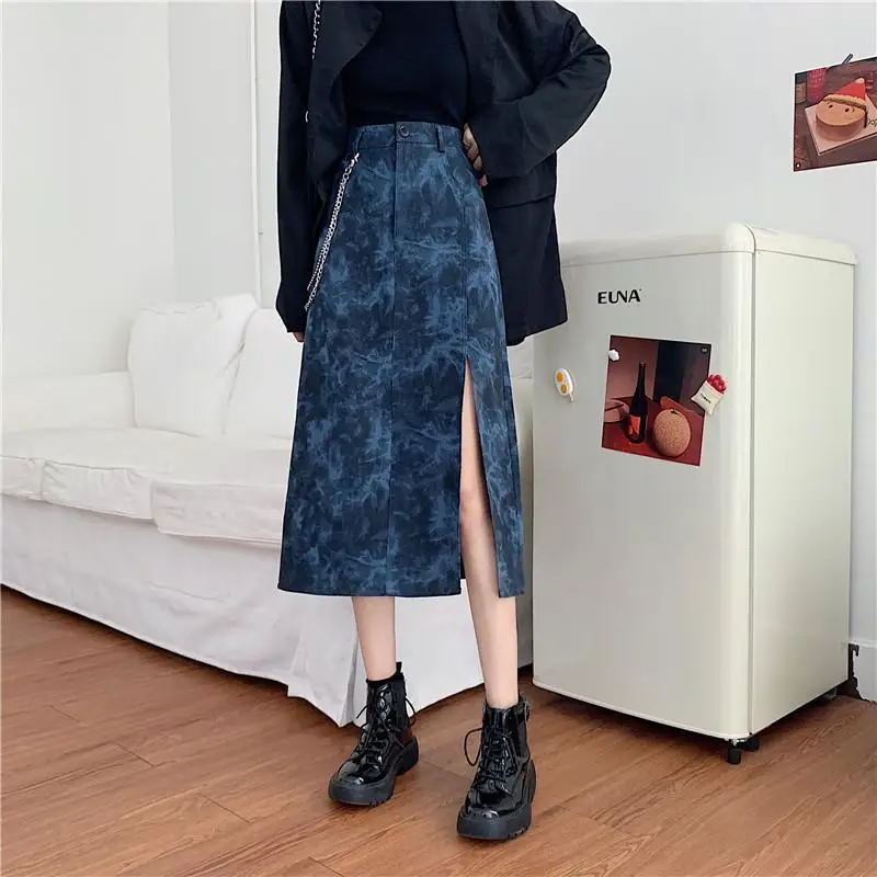 New Fashion Blue Tie-dye Denim Skirt Women Spring Autumn High Waist Loose A-line Long Maxi Skirts with Chains Streetwear S-5XL