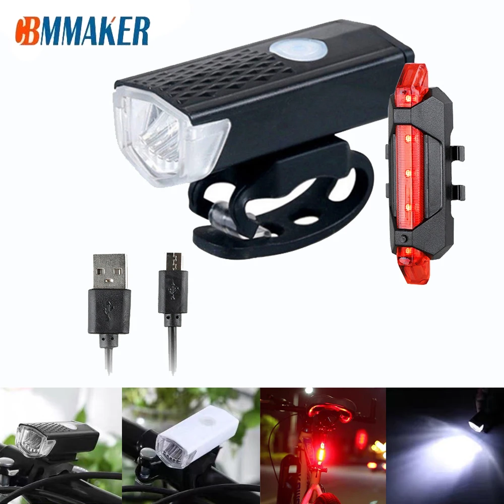 Three-Lamp USB Rechargeable Bike Front Headlight Tail Light Set Bicycle Light US 
