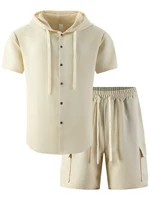 Nouvel ensemble décontracté d'été 2026 pour homme - Chemise à capuche à manches courtes et pantalon de travail à cordon de serrage 2