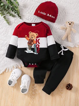 Autumn Winter Kids Hooded 2-Piece Set Cute Bear Print Red-White-Black Color Block Warm Knitted Cotton “Love Baby” Lettered Hood 1