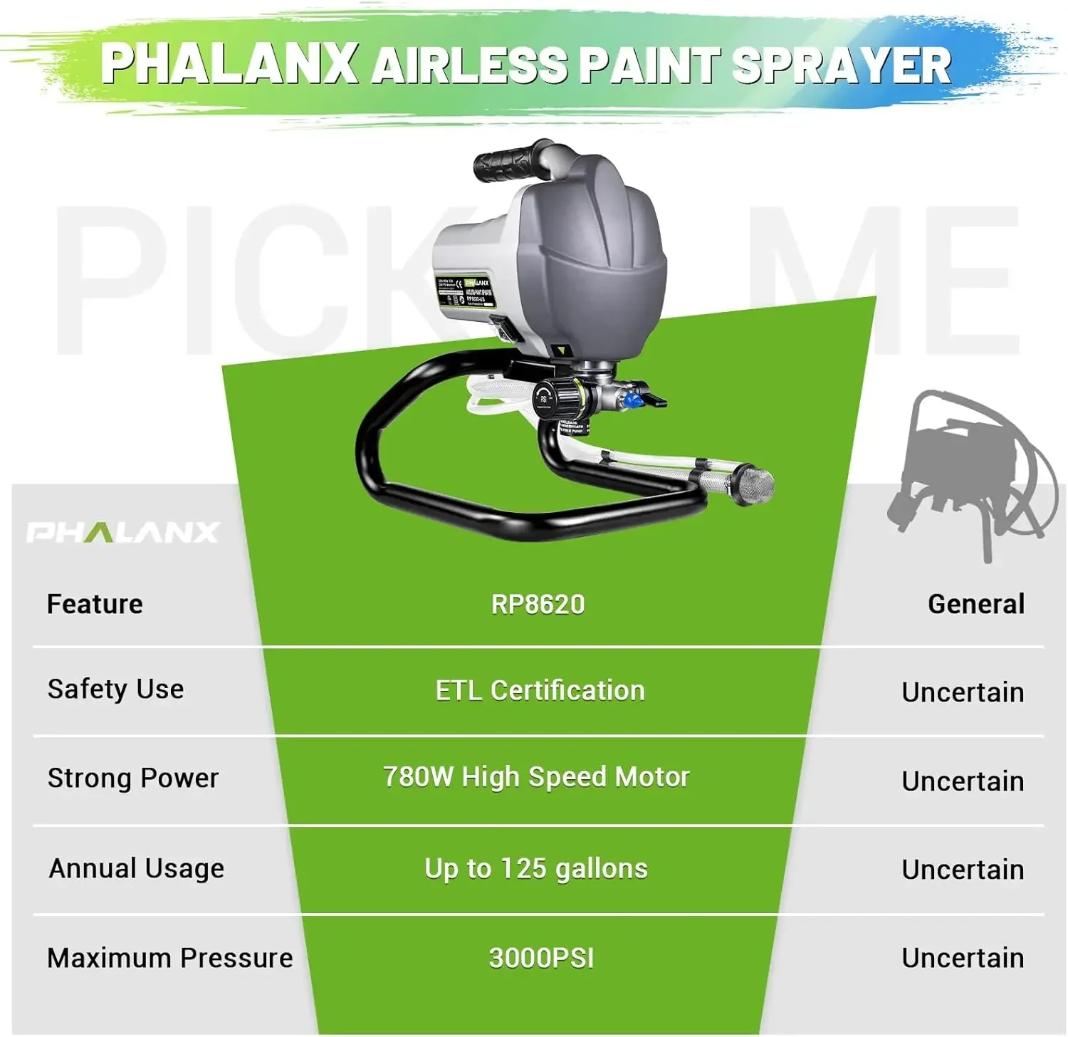PHALANX Airless Paint Sprayer, 7/8HP 780W High Efficiency Airless Stand Sprayer, 3000PSI Electric Paint Sprayer with Cleaning Ki