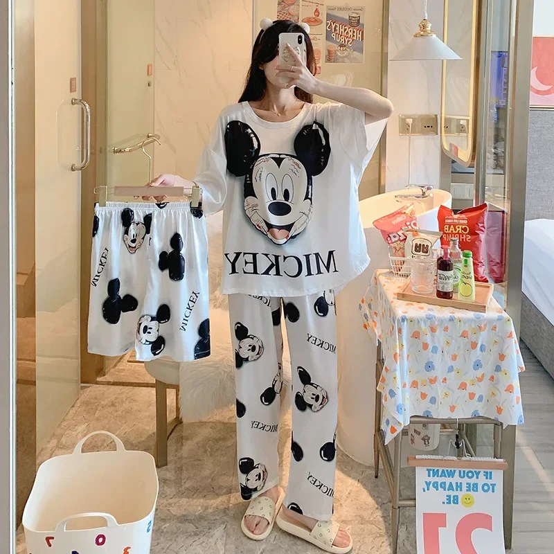 

New summer cute black Mickey casual short-sleeved shorts trousers pajamas ladies suit home service 3-piece set Disney