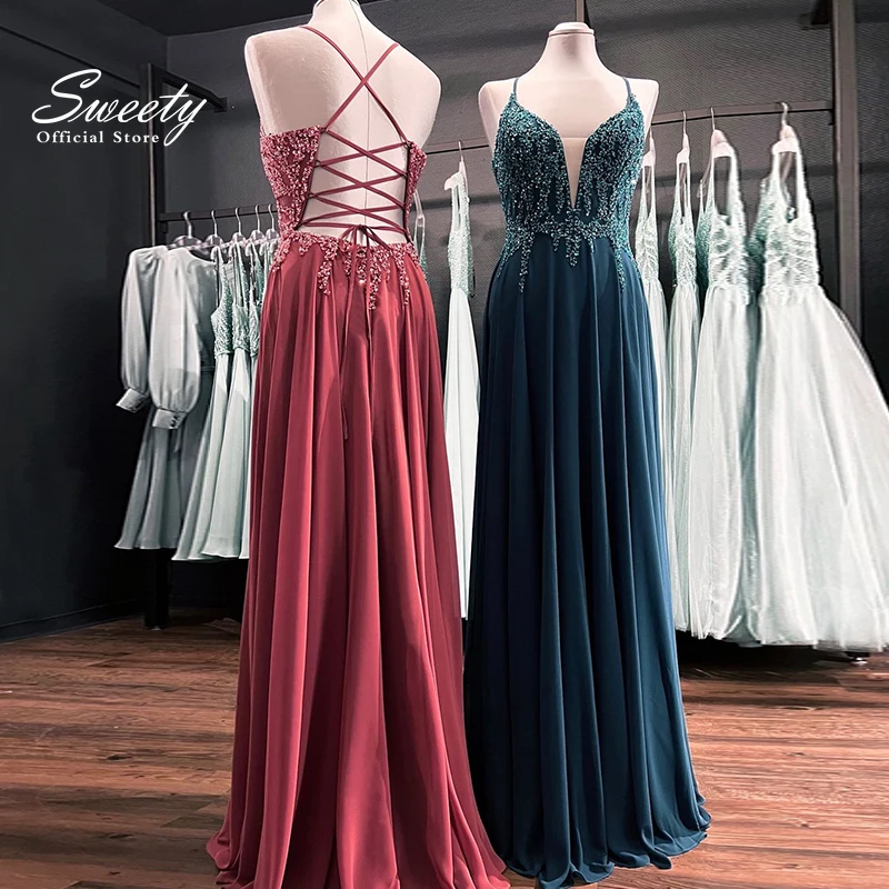 

Prom Party Dresses V-Neck Shinning Wedding A-Line Floor Length Sleeveless Luxury Bride Gowns Luxury Back Lace Up Evening Dress
