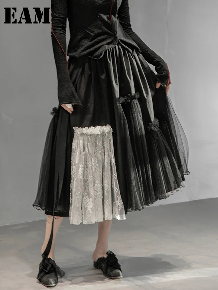 

[EAM] юбка с высокой эластичной талией, черная сетчатая цветная плиссированная юбка на завязках, женская мода, новинка, весна-осень 2024, 1DF5706