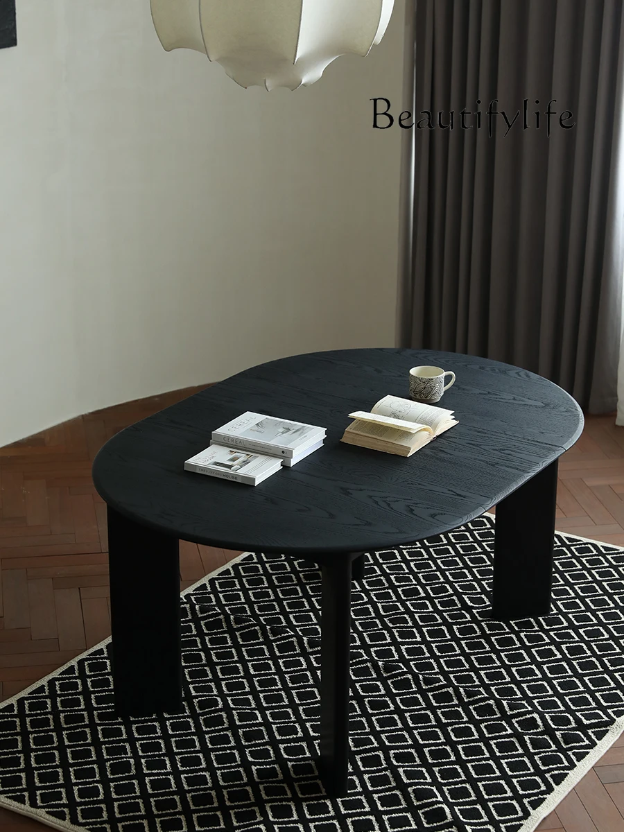 

Oval Long Table Solid Wood Retractable round Table Ash Black Dining Table Mid-Ancient Style Small Apartment