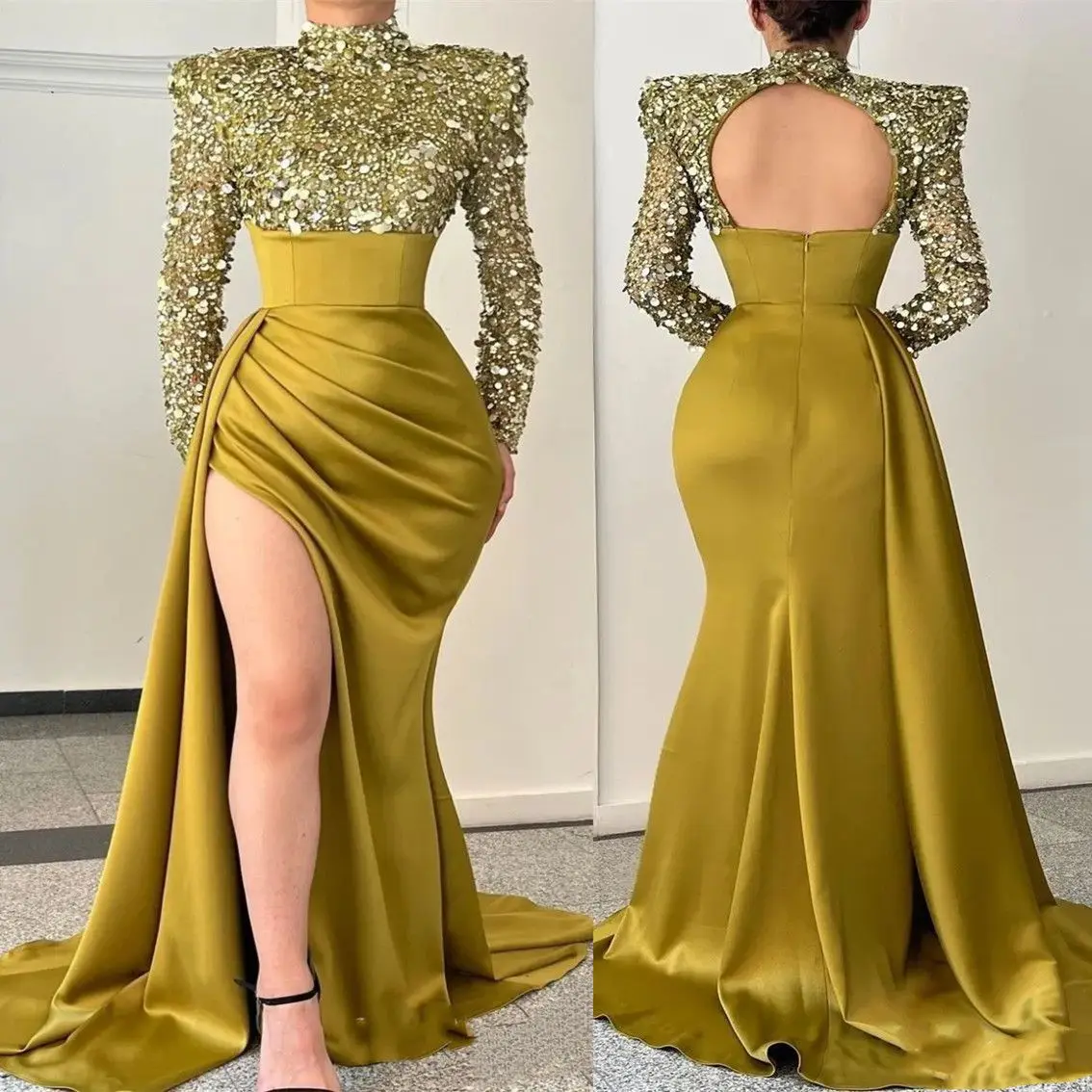 

Aso Ebi Mermaid Gold Prom Dresses Backless Sequined Lace long sleeve Evening Second Reception Birthday Engagement gown