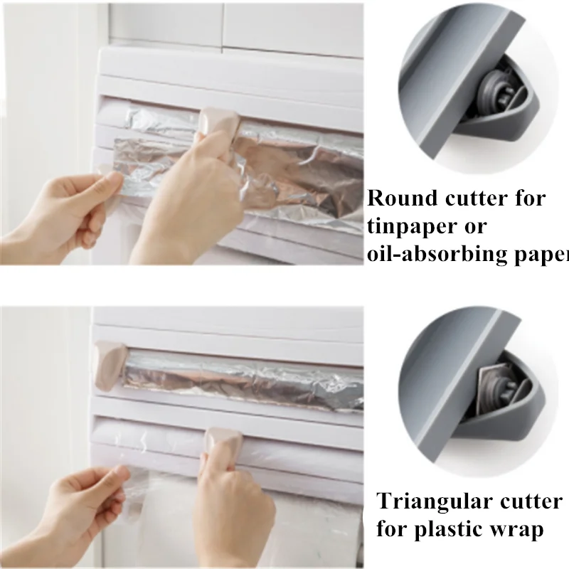 Kitchen Multi-function Plastic Belt Cutter Wrap Storage Shelf Wrap Film Cutter Triple Roll Paper Dispenser Tin Film Towel Holde