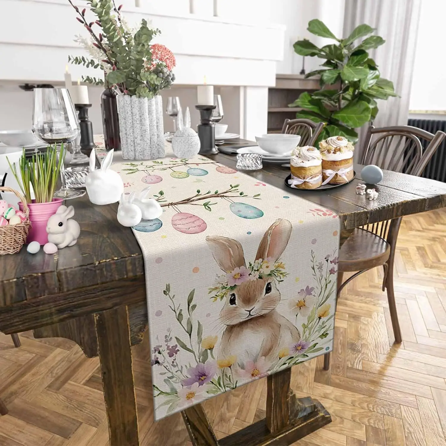 Spring Easter Bunny Eggs Flowers Linen Table Runner Holiday Party Decor Rustic Floral Botanical Table Runners Easter Decorations 3
