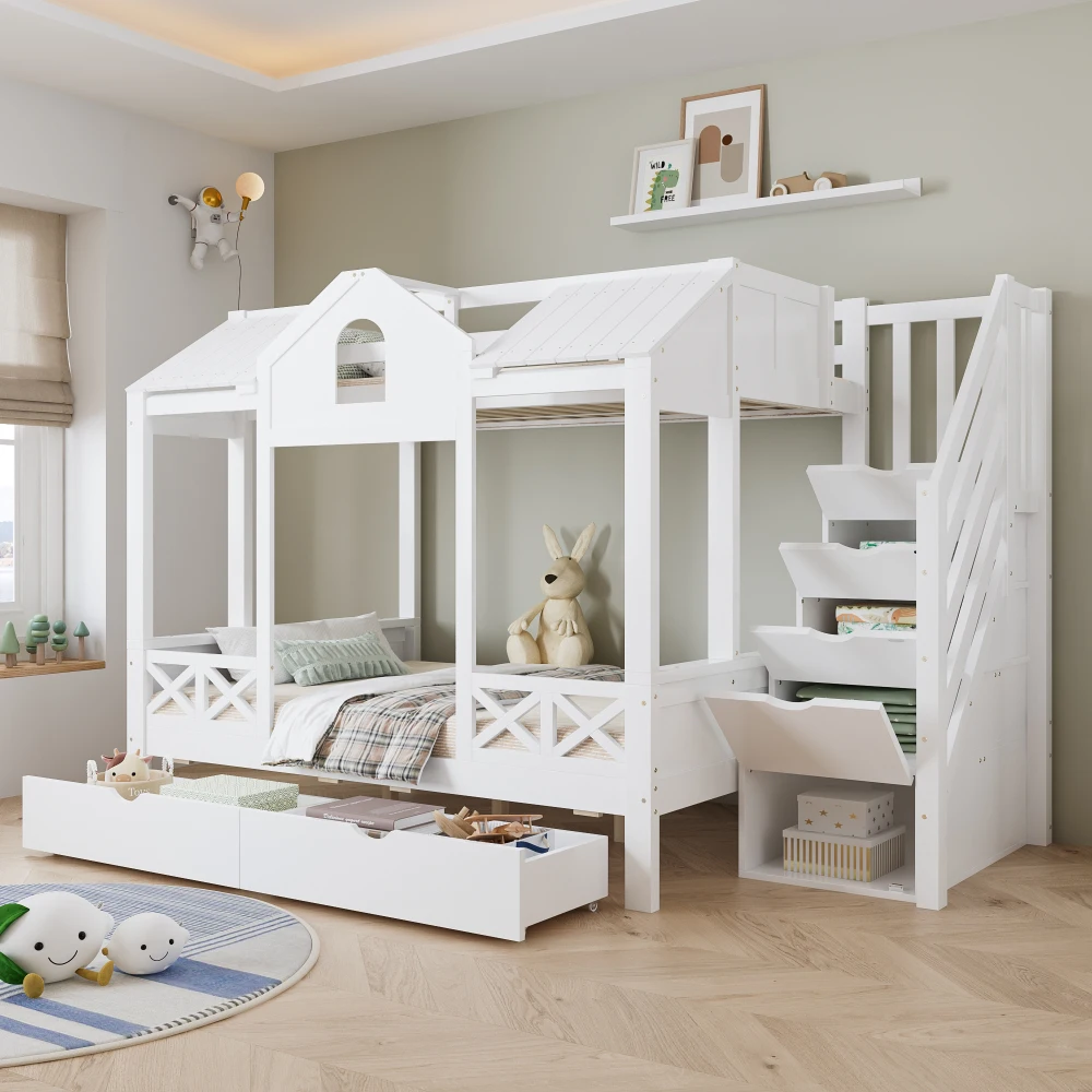 90 x 200 cm und 140 x 200 cm großes Etagenbett, zwei Schubladen mit Rollen, Bett mit Fenster und Dach, Treppenschrank mit 4 Ablagefächern – Detail 29