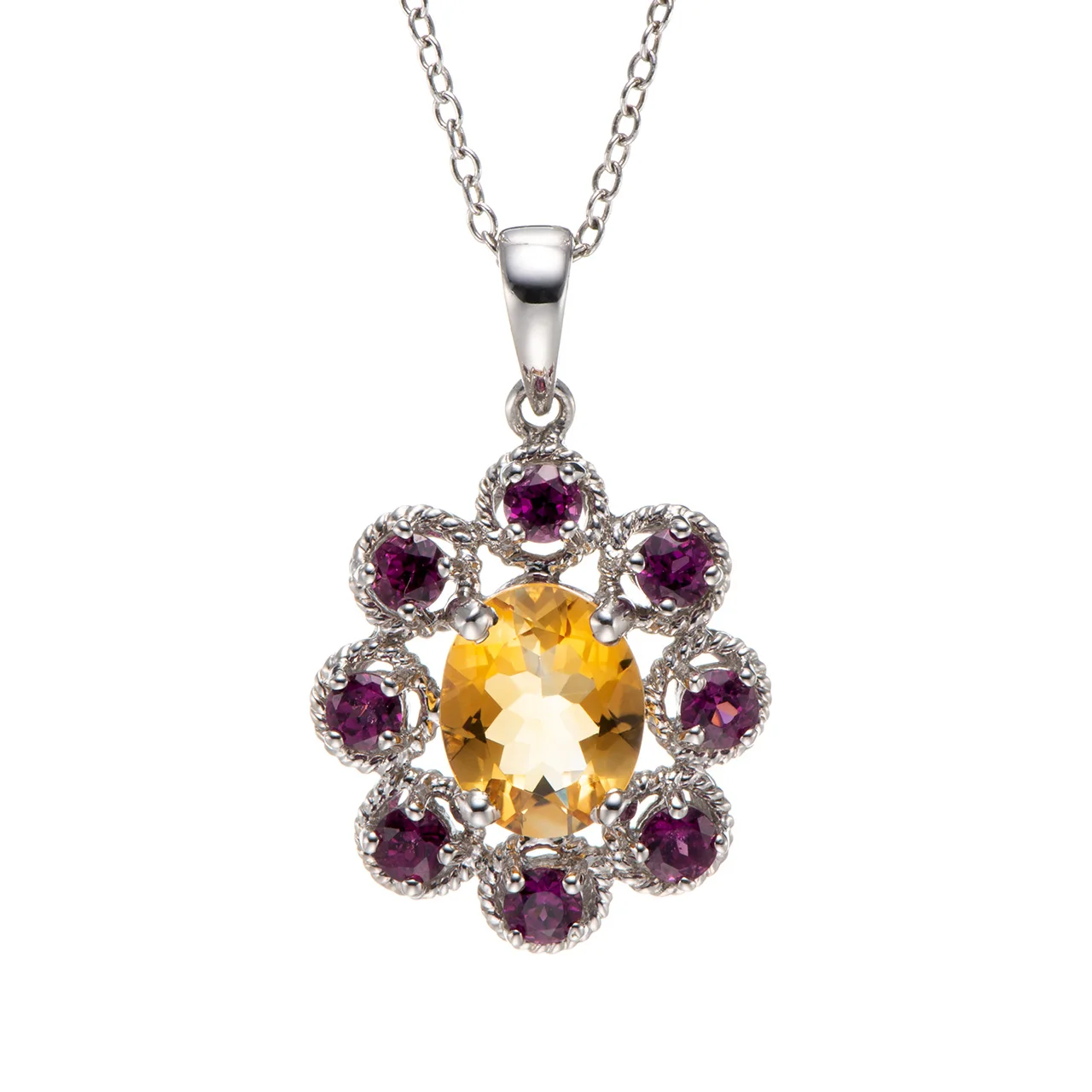 

8x10mm Citrine and Rhodolite Rhodium Over Sterling Silver Pendant with Chain