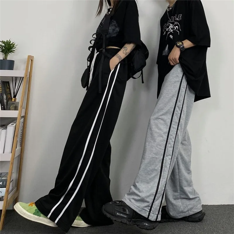 QWEEK Baggy Jogger Black Sweatpants Sports Korean Fashion Striped Women's Pants Jogging Casual Wide Leg Trousers Summer Thin