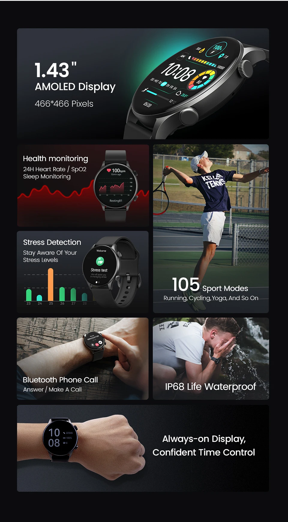 HAYLOU Solar Plus RT3 Smart Watch 1.43"AMOLED Display Bluetooth Phone Call Smartwatch Health Monitor IP68 Waterproof Sport Watch